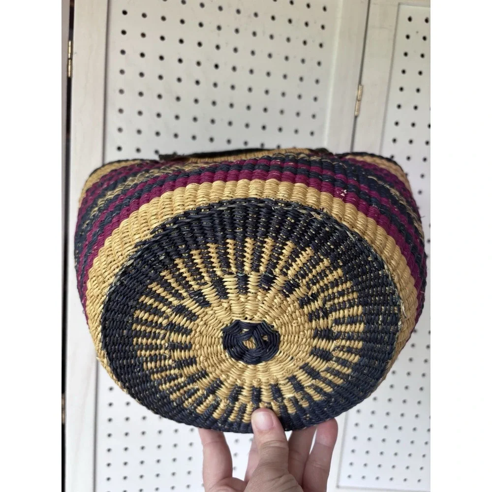 African Bolga MARKET BASKET Woven Straw Tote W/ Leather Handles U Shape